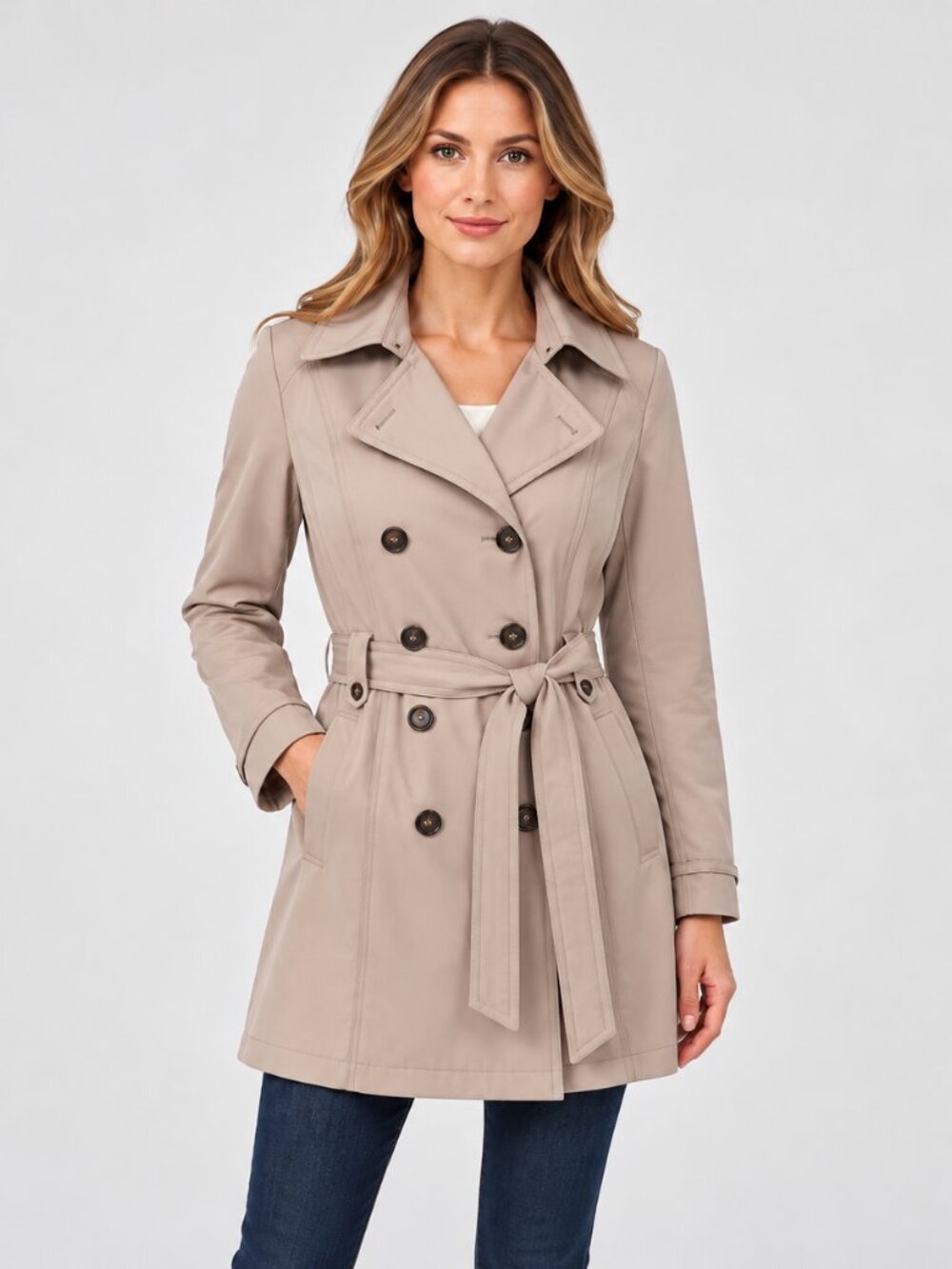 Sebby Collection Women M Stone Soft Shell Trench Coat Belted Windproof SS8500